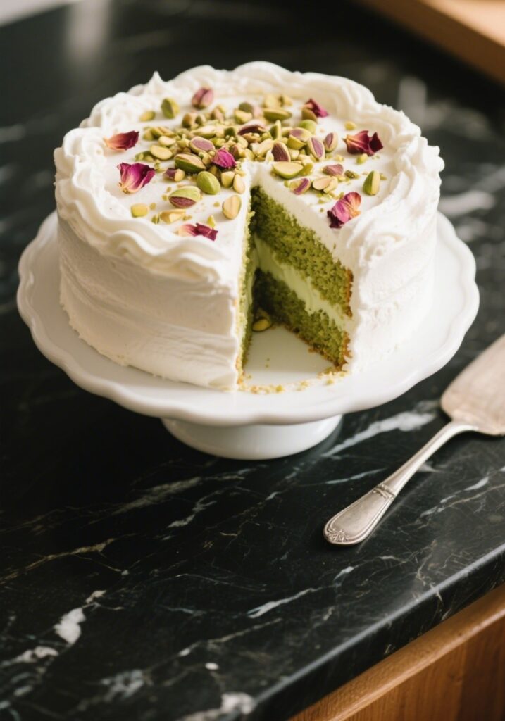 round pistachio milk cake with slice showing