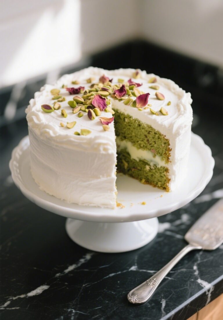 round pistachio milk cake topped with whipped cream and rose petals
