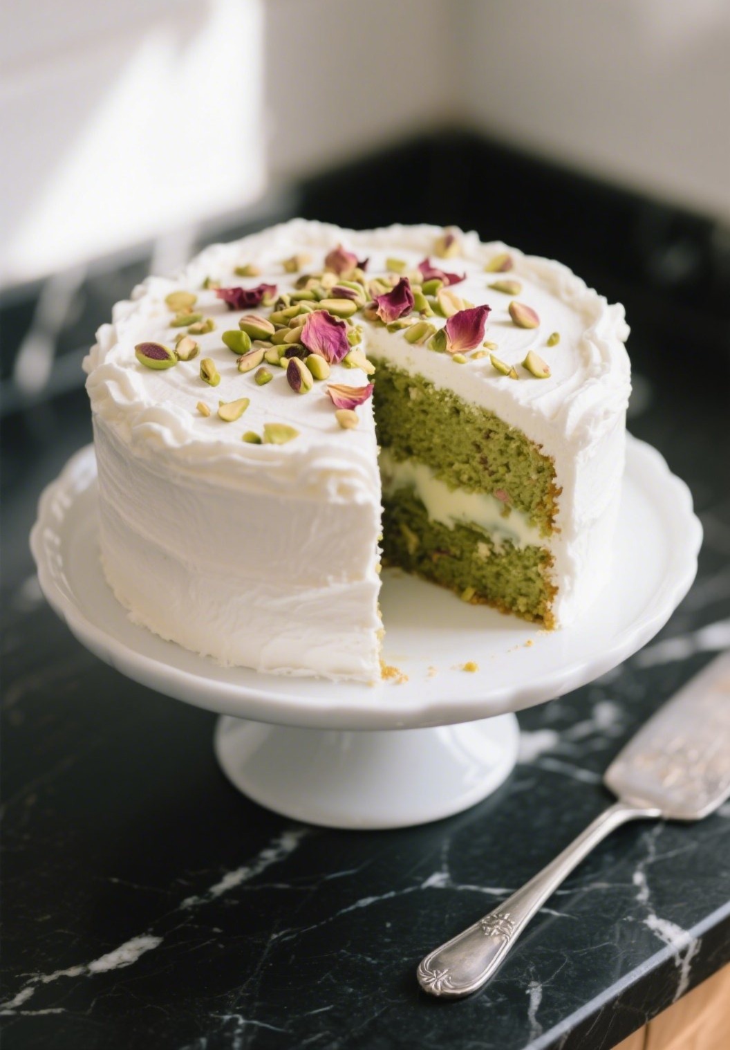 round pistachio milk cake topped with whipped cream and rose petals