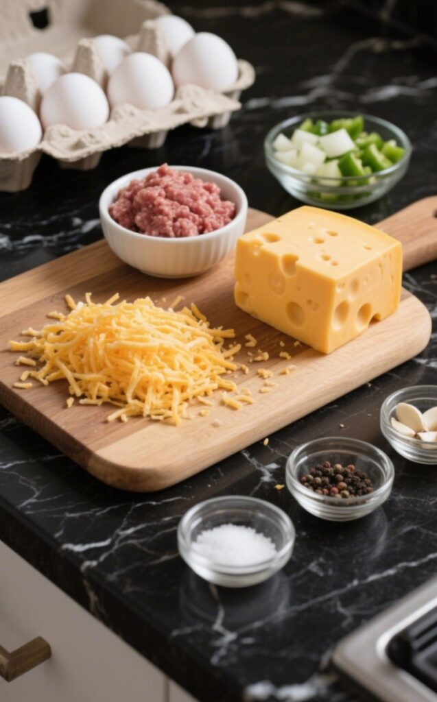 Ingredients for scrambled egg muffins arranged on black marble