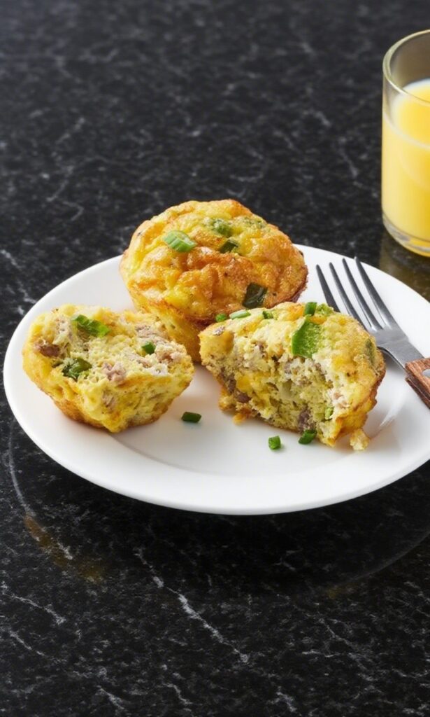 Scrambled egg muffins on a white plate over black marble countertop