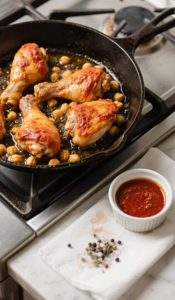 Chicken thighs being seared skin-side down in a hot pan