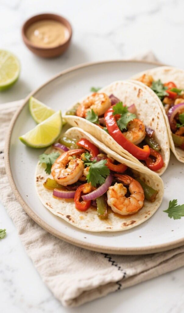 Shrimp fajitas served with peppers, onion, and cilantro in tortillas.