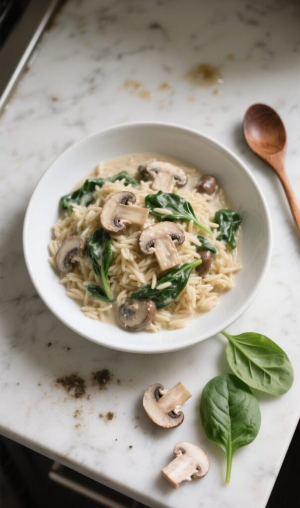 Creamy Mushroom and Spinach Orzo in a white bowl with cheese on top
