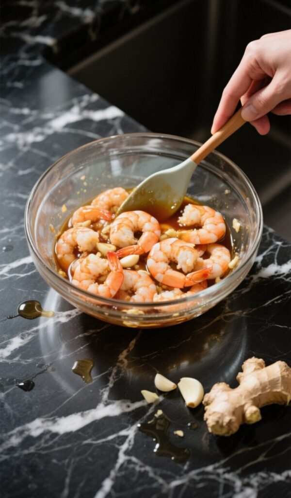 Shrimp marinating in honey garlic soy sauce mixture
