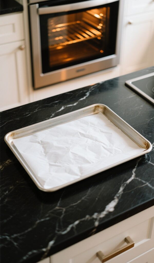 Baking sheet lined with parchment paper ready for oven preheating