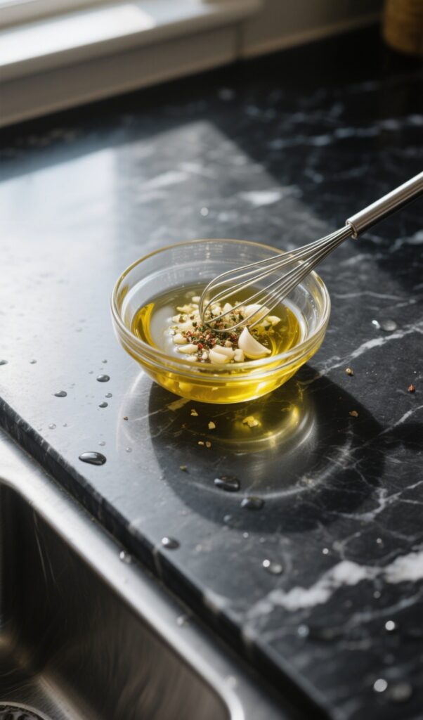Olive oil, garlic, and Italian herbs in a glass bowl for infusion