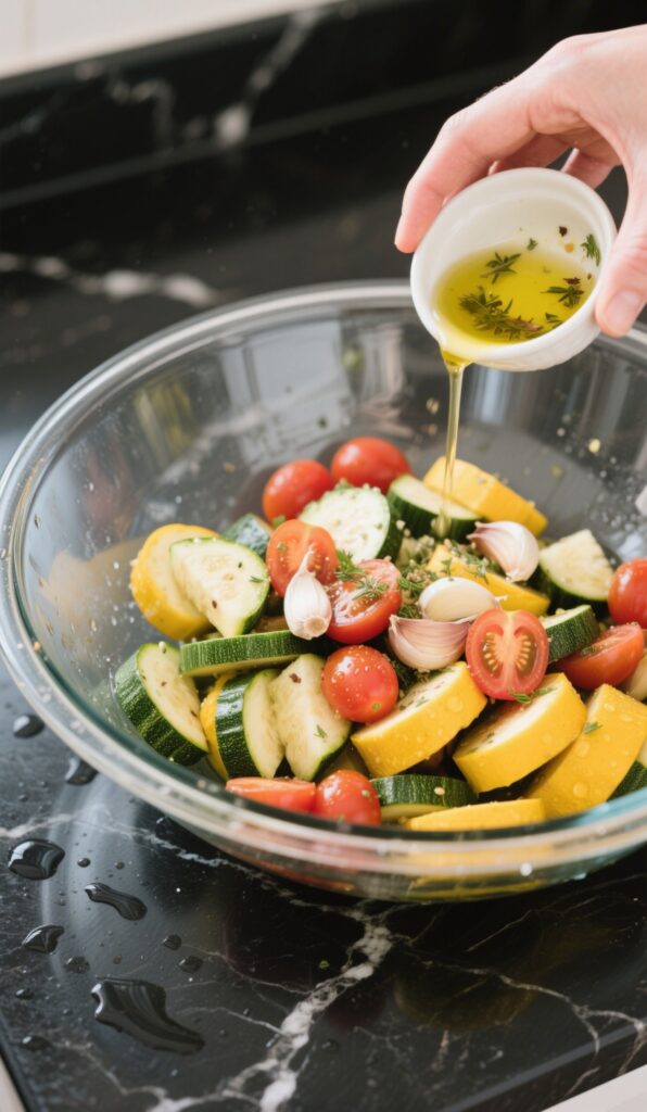 Tossing zucchini squash and tomatoes with seasoned garlic oil