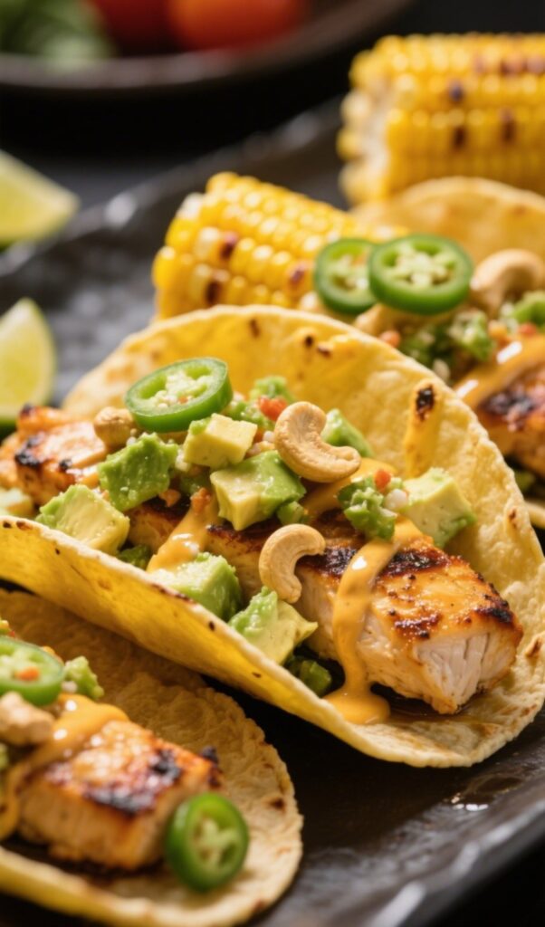 street corn chicken tacos with grilled corn and creamy cashew sauce