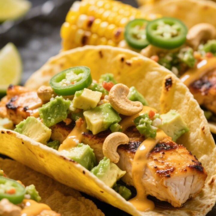 street corn chicken tacos with grilled corn and creamy cashew sauce