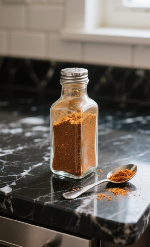 Taco seasoning in a glass spice bottle on black marble counter
