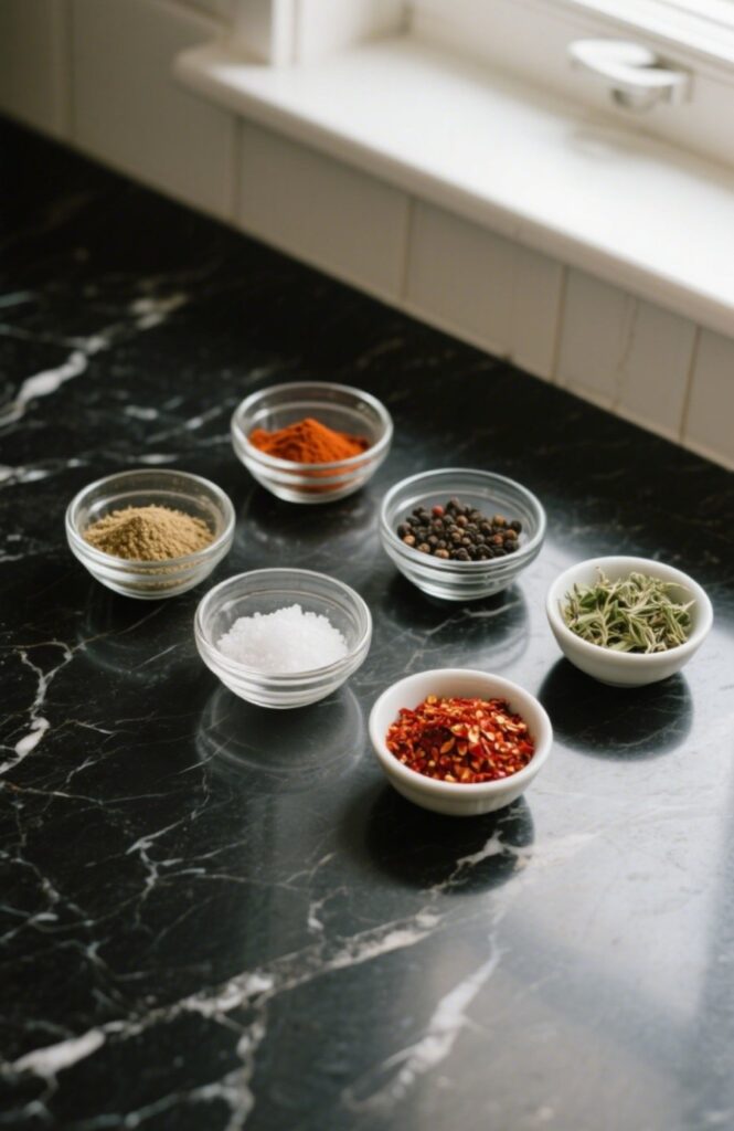 Flat lay of taco seasoning ingredients in glass bowls on black marble