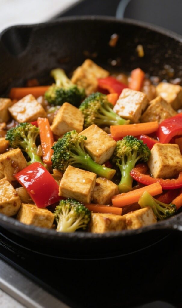 tofu stir-fry with colorful vegetables in skillet