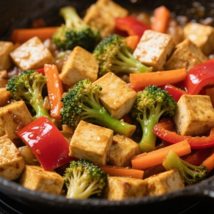 tofu stir-fry with colorful vegetables in skillet