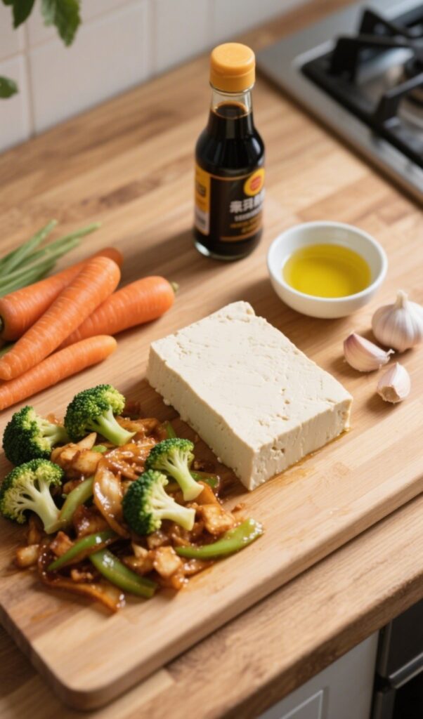 tofu stir-fry ingredients laid out flat
