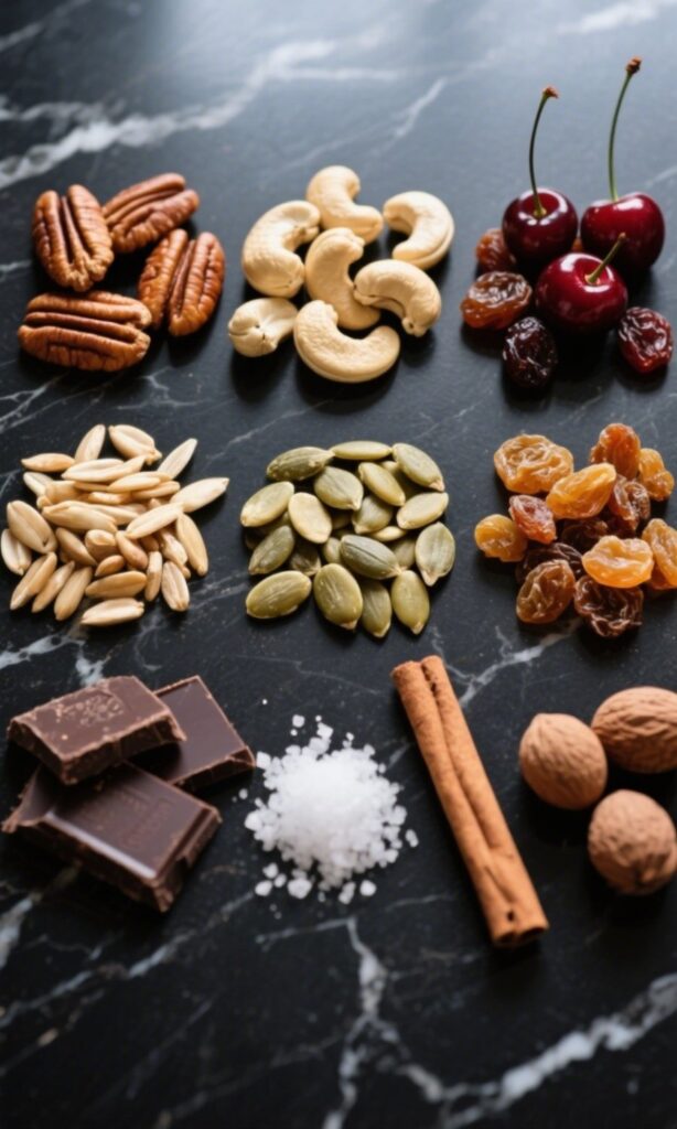 Trail mix ingredients including pecans, cashews, seeds, and dried fruit on a marble counter