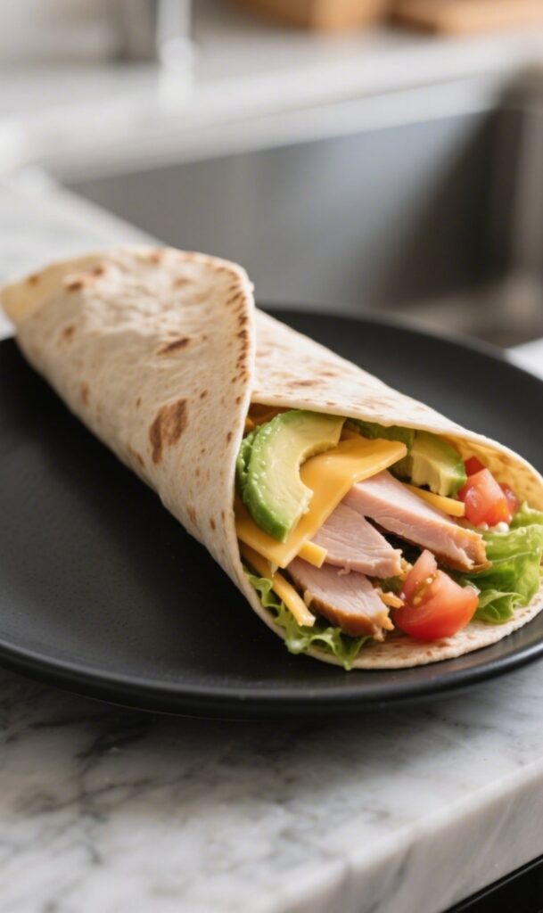 Turkey wrap served on black plate