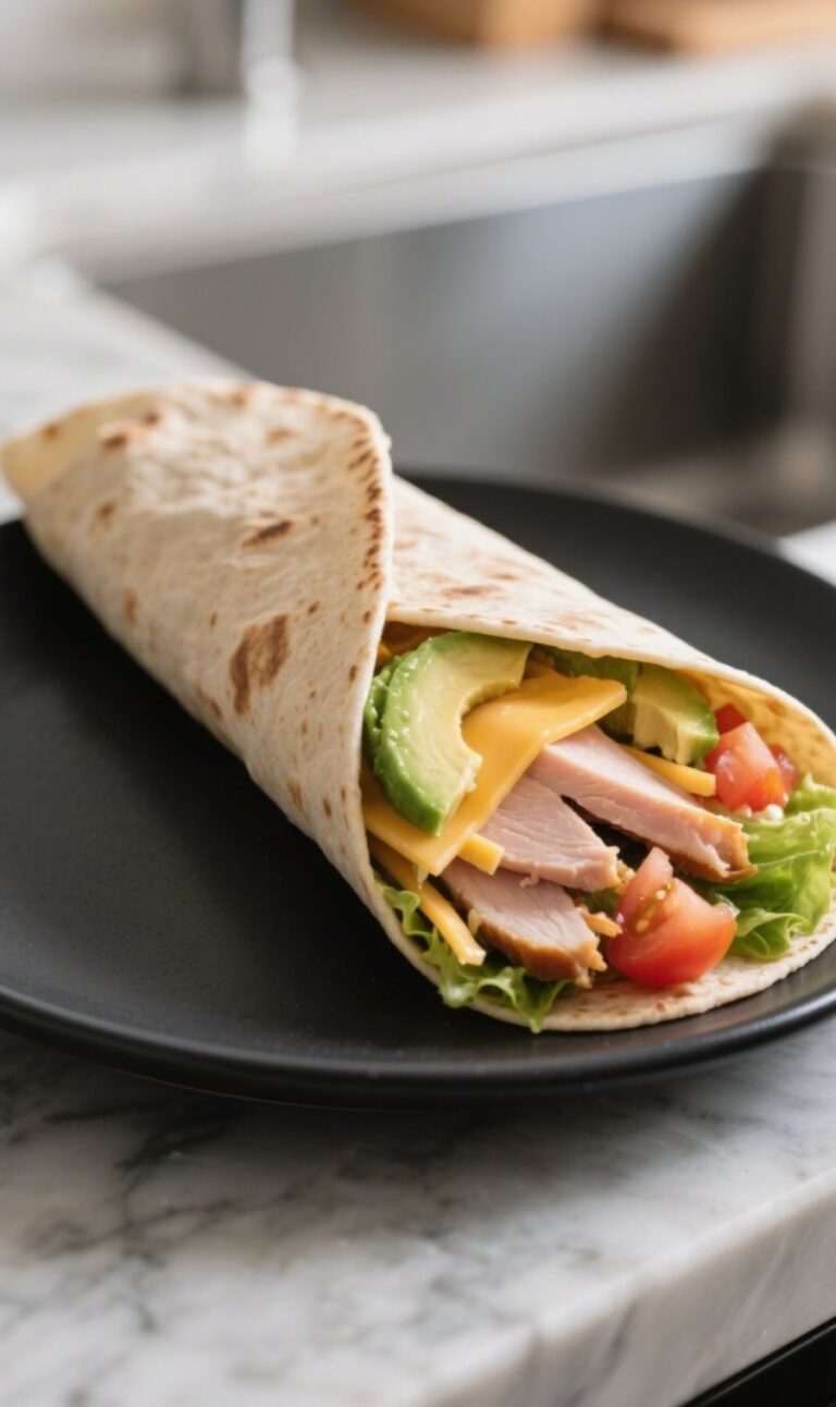 Turkey wrap served on black plate