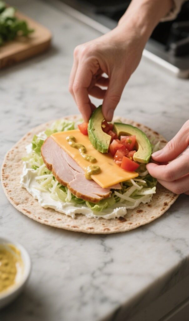 Filling a turkey wrap with avocado and fresh veggies