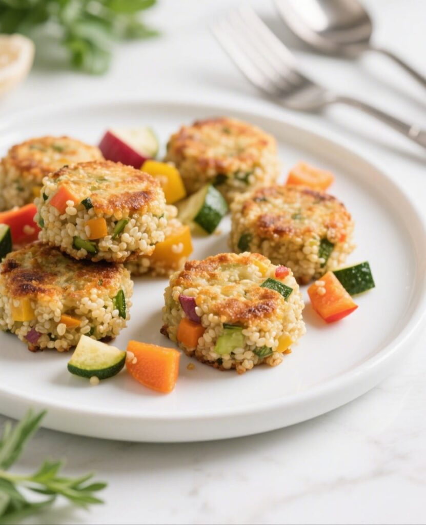 Veggie quinoa bites with colorful vegetables on board