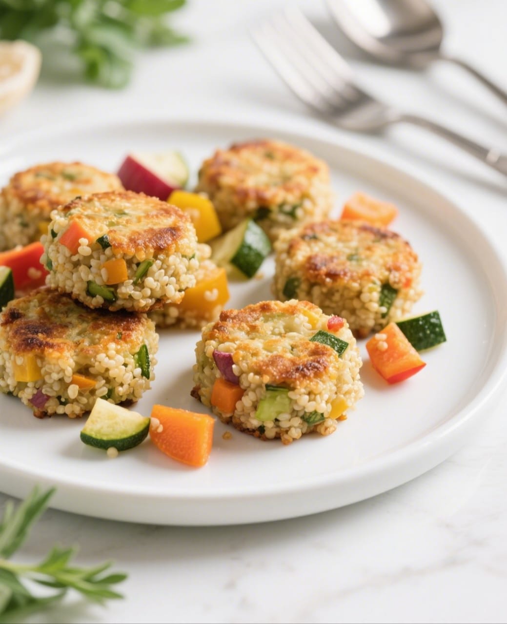 Veggie quinoa bites with colorful vegetables on board