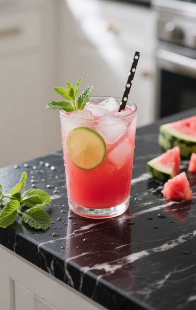 Watermelon Mint Cooler on black marble with mint garnish and condensation