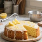 fresh zesty lemon cake recipe sliced with lemon glaze