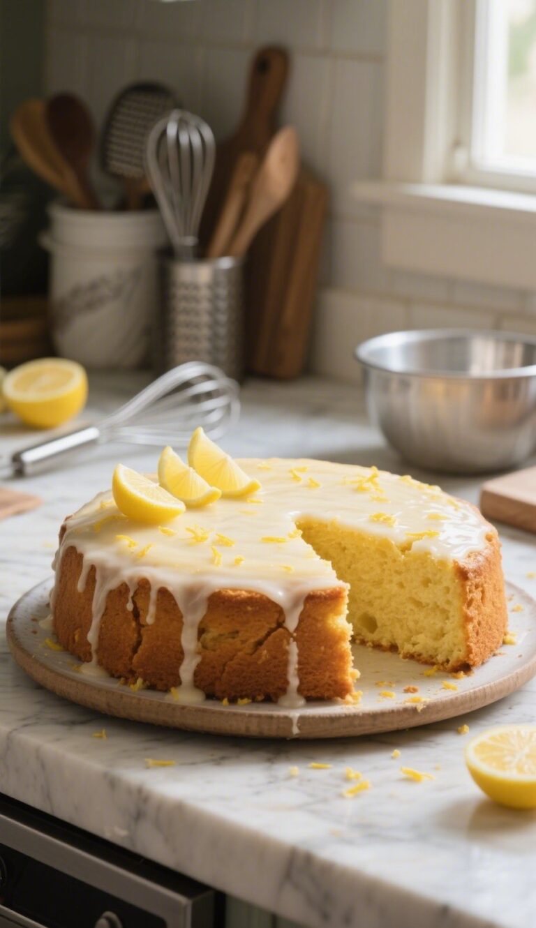 fresh zesty lemon cake recipe sliced with lemon glaze