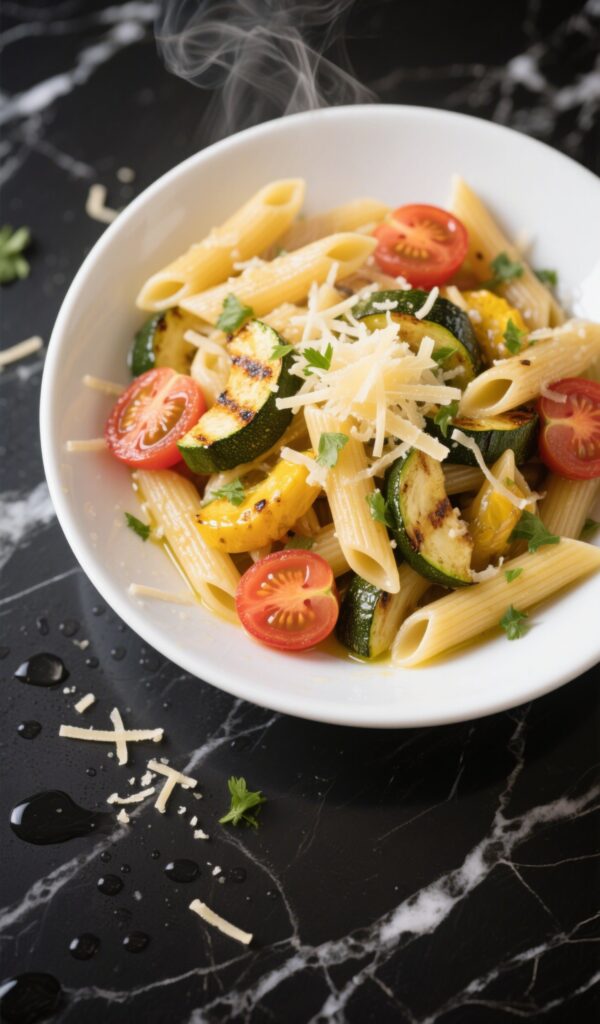 Pasta with roasted zucchini, squash, tomatoes, and Parmesan