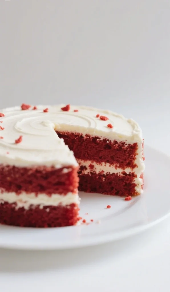 homemade red velvet cake with cream cheese frosting, sliced to show rich red layers and soft texture.