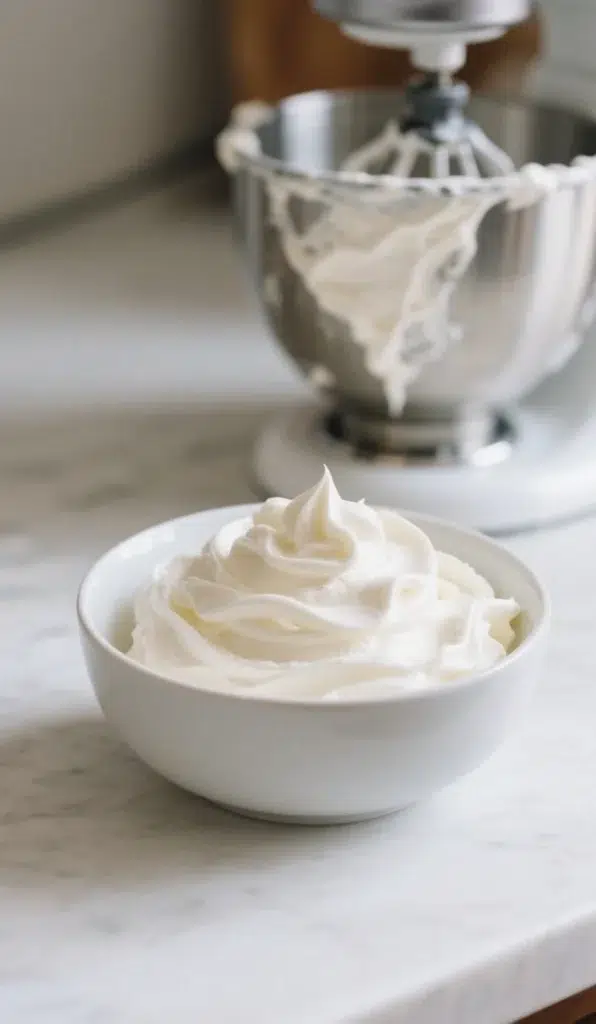 A bowl of freshly whipped cream cheese frosting with soft peaks and smooth texture, no hands, white background.