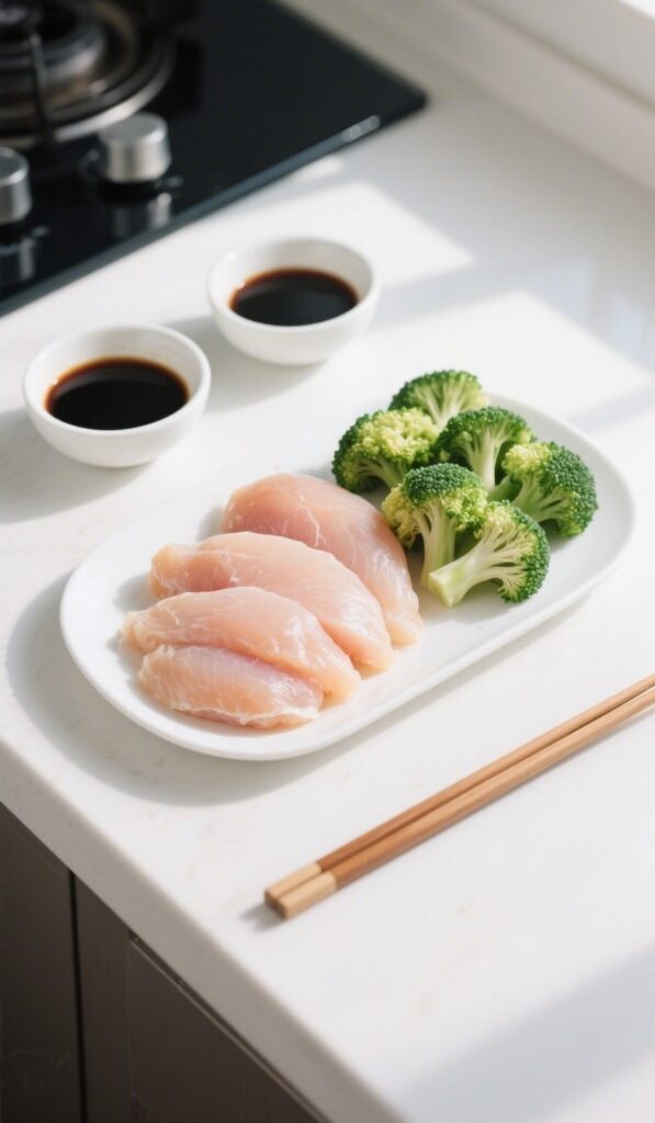 Ingredients for chicken and broccoli stir fry