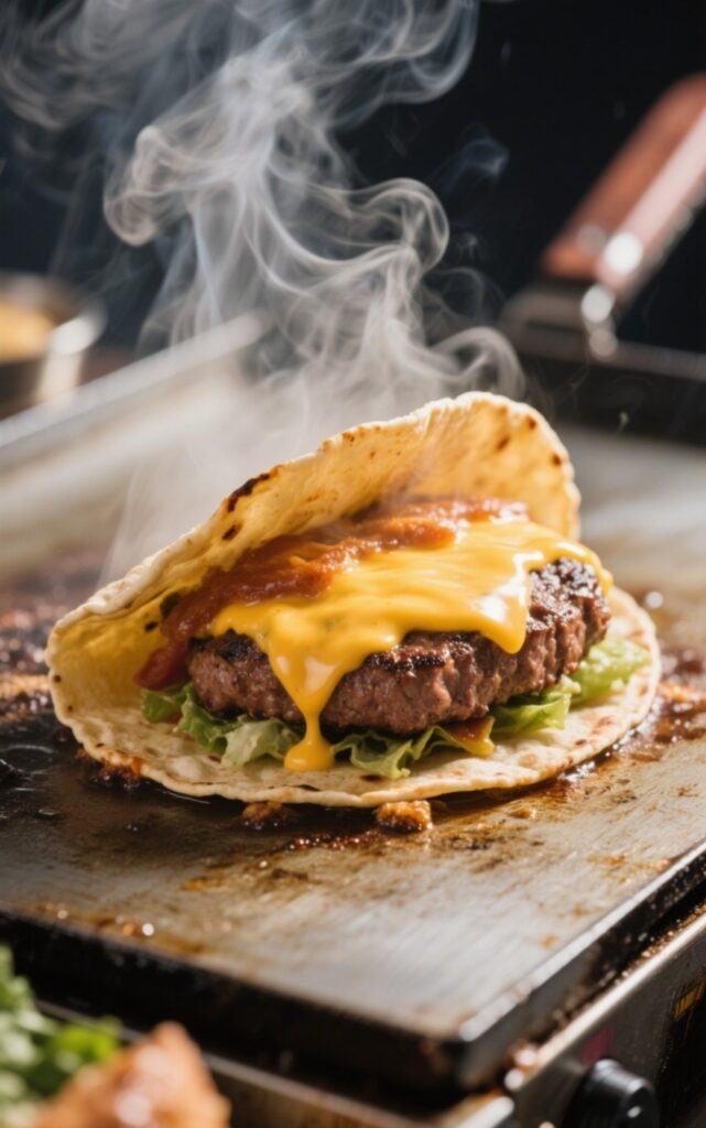 Smash Burger Taco sizzling on griddle