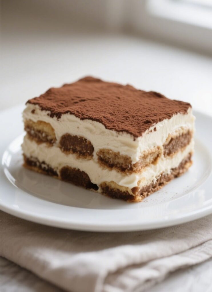 A close-up of a classic tiramisu recipe in a clear glass dish with visible layers of cream and soaked ladyfingers, topped with cocoa powder.