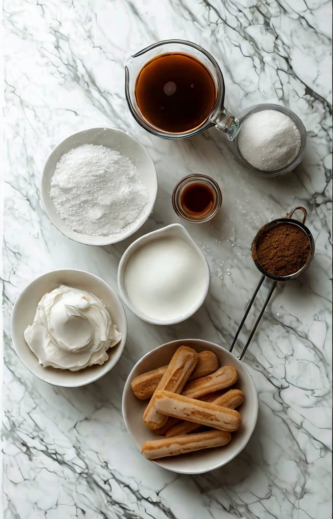 Flat lay of tiramisu recipe ingredients including mascarpone cheese, heavy cream, sugar, espresso, ladyfingers, vanilla extract, and cocoa powder on a kitchen counter.