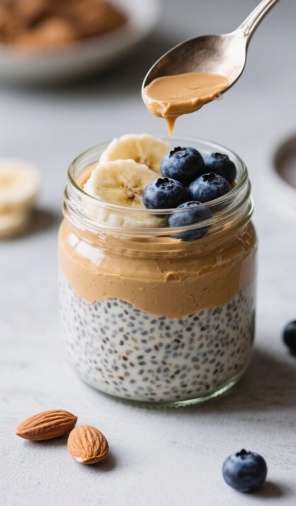 Almond butter chia pudding topped with blueberries in a glass jar