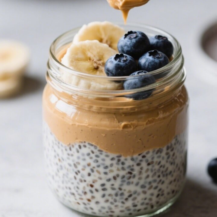 Almond butter chia pudding topped with blueberries in a glass jar