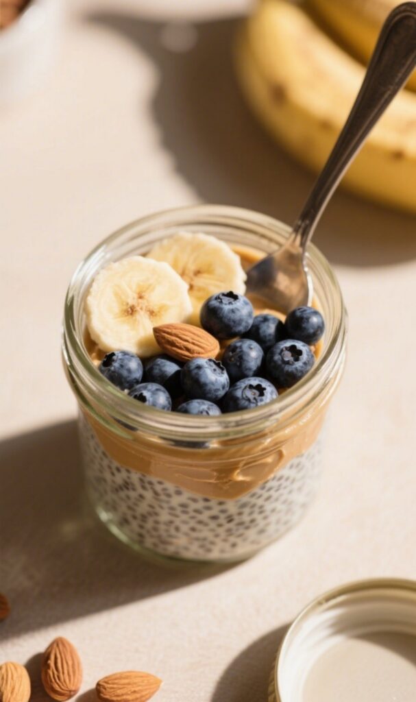 Layered almond butter chia pudding with fruits