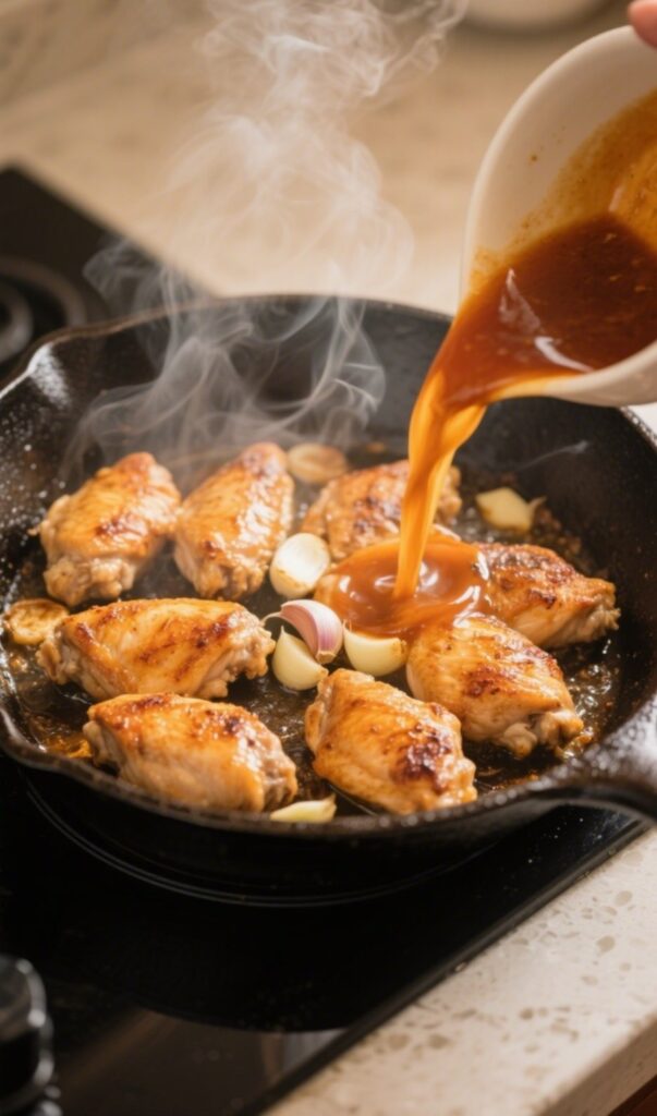 Chicken bites cooking in skillet with honey garlic sauce