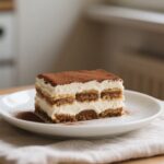 A close-up of a classic tiramisu recipe in a clear glass dish with visible layers of cream and soaked ladyfingers, topped with cocoa powder.