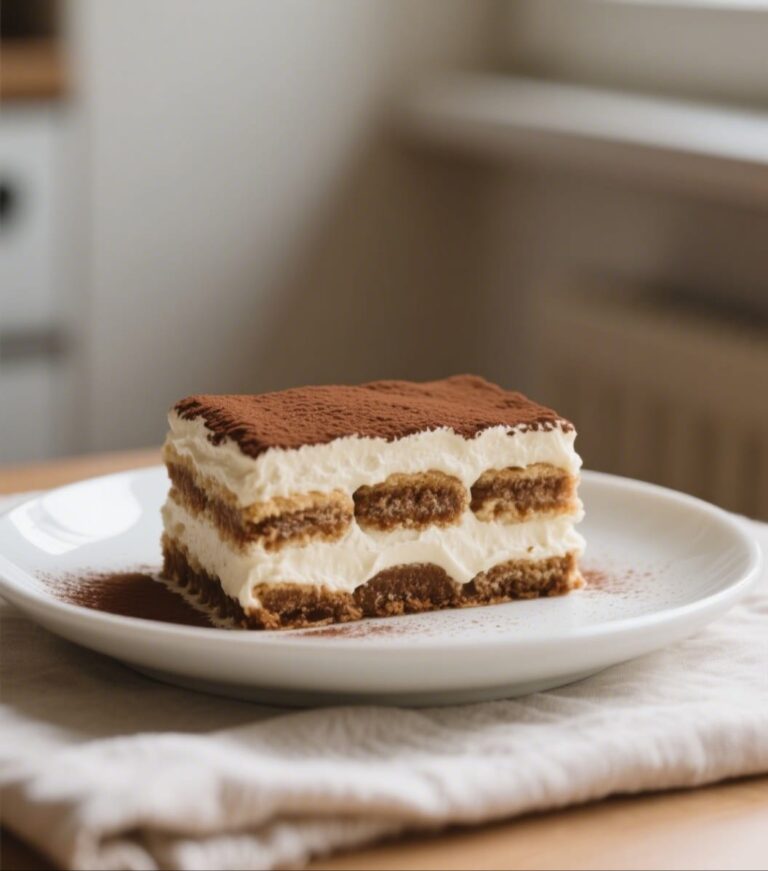 A close-up of a classic tiramisu recipe in a clear glass dish with visible layers of cream and soaked ladyfingers, topped with cocoa powder.