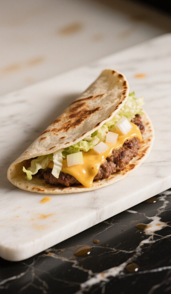 Folded Smash Burger Taco with melted cheese, lettuce, and onions on a white marble board with oil splatters