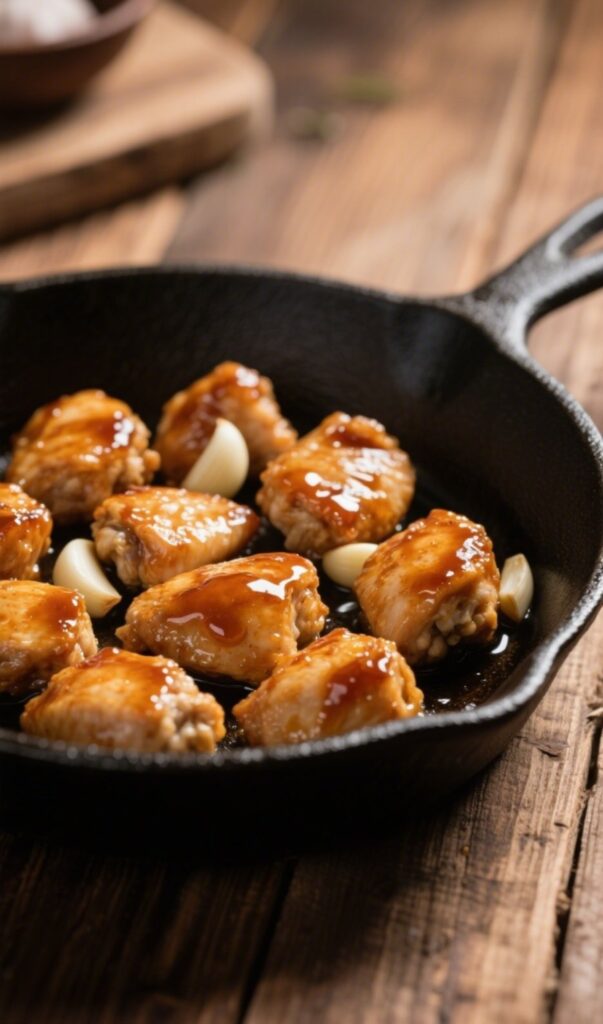 Close-up of honey garlic chicken bites glazed in sticky garlic sauce