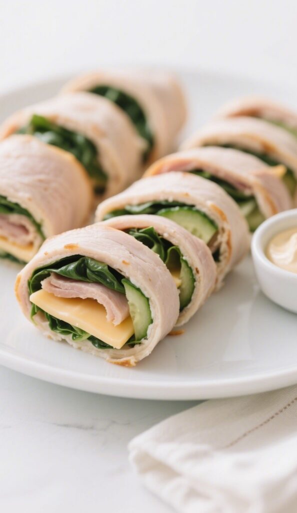 Turkey and cheese roll-ups sliced and arranged on a white plate