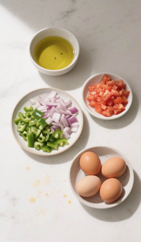 Ingredients for Menemen recipe including tomatoes, onions, and peppers