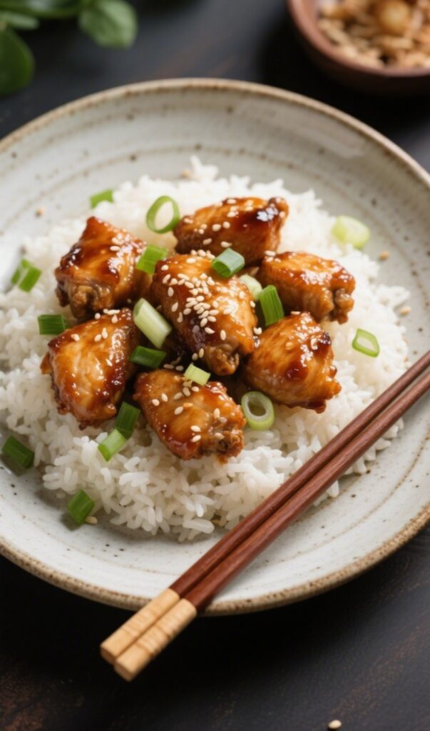 Honey garlic chicken bites served over rice with scallions