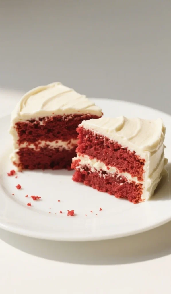 Two-layer homemade red velvet cake with cream cheese frosting, sliced to show rich red layers and soft texture.