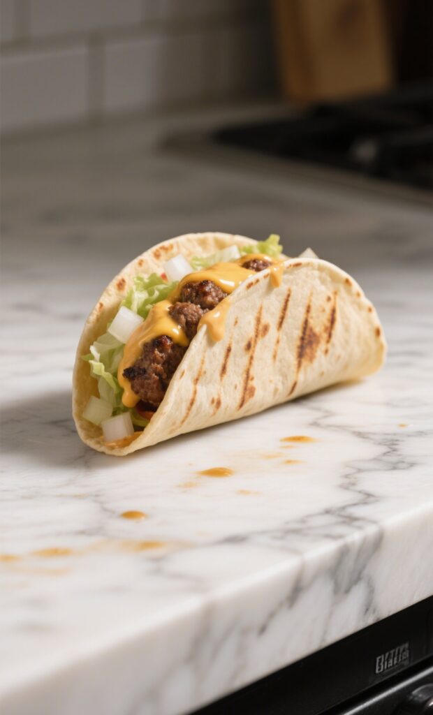 Smash Burger Taco with melted cheese, shredded lettuce, and diced onions on a grilled tortilla