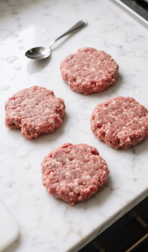 Ground beef divided into four loose portions