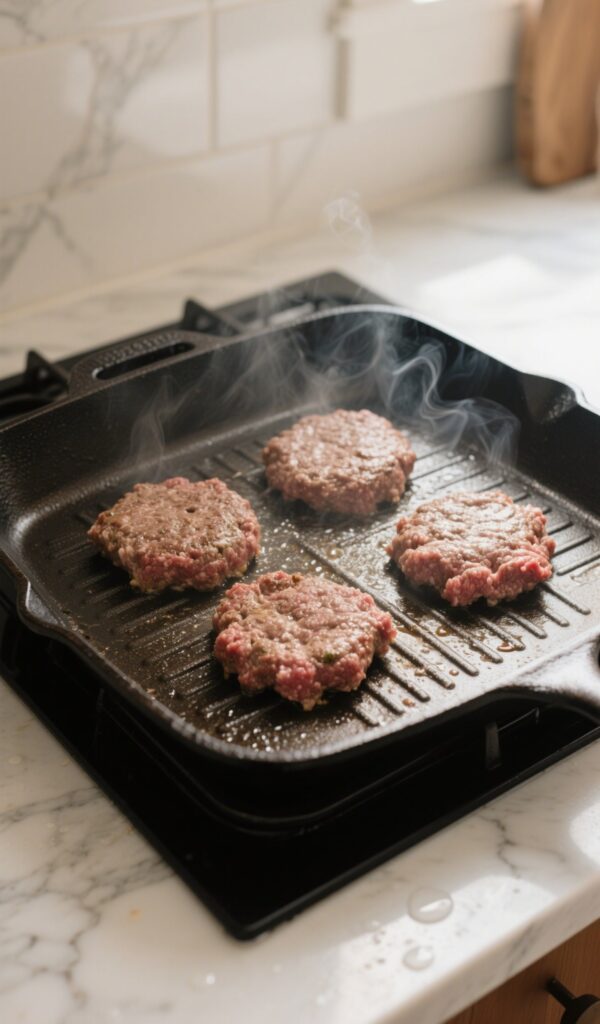 Ground beef mounds searing on hot cast-iron skillet
